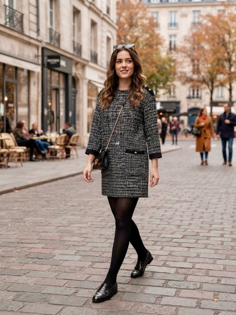 Zara Black Tweed Mini Dress with Gold Button Accents